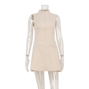 Beige sleeveless mini dress with standing collar and front zipper closure for women