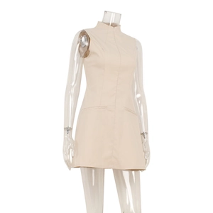 Detail of beige sleeveless dress with stand collar and functional front zipper closure