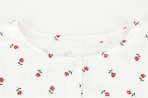 Détail du col rond et du bouton blanc sur un cardigan côtelé aux motifs de roses