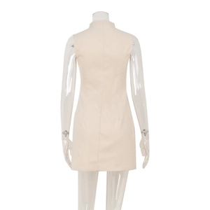 Detailed back view of a beige sleeveless mini dress with slim-fit vertical seams