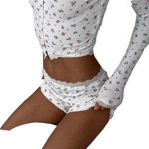 Women's two-piece floral loungewear set with long sleeve button-up top and lace shorts