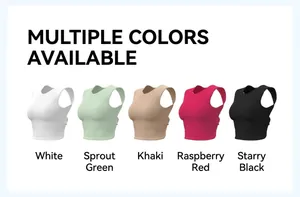 Selection of slim fit sports bras in white, green, khaki, raspberry red, and black