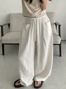 Women High Waist Wide Leg Casual Pants Lyocell Linen Blend Trousers With Elastic Drawstring Waist And Pockets