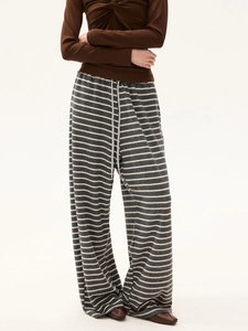 Damen Casual Gestreifte Hose Mit Weitem Bein Hohe Taille Kordelzug Lose Gerade Hose Minimalistisch Grau Weiße Streifen