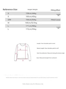 Detailed size chart for women's long sleeve crewneck top with fit guide and measurements