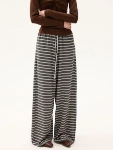 Damen Freizeithose mit hoher Taille und Streifenmuster, weitem Bein und grauem Kordelzug