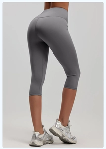 Detail of high waist dark gray yoga capris featuring ergonomic V-shaped butt lifting seams