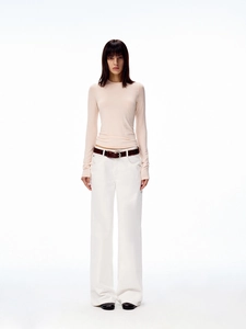 Slim fit long sleeve crew neck pink top paired with white high waist trousers