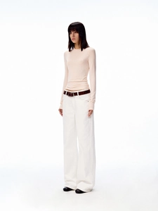 Classic round neck slim fit long sleeve top in soft pink styled with wide trousers