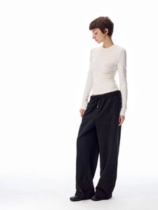 Classic crewneck long sleeve slim top with black wide-leg drawstring pants for women