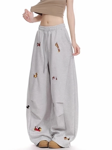 Women's grey wide-leg sweatpants with cute dog embroidery and drawstring waist
