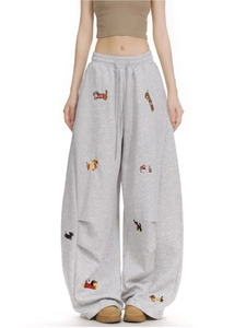 Women's light grey wide-leg sweatpants with cartoon dachshund embroidery and drawstring