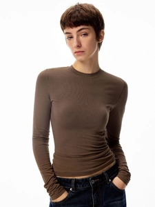 Classic slim fit dark brown long sleeve crew neck T-shirt for women in soft stretch fabric