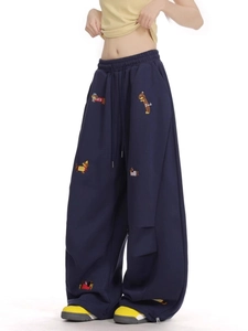 Navy wide leg sweatpants with dachshund embroidery and elastic drawstring waist for women
