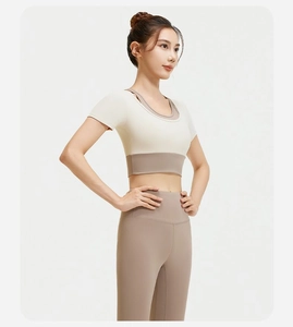 Detail van tweekleurige yogaset met nep-tweeledige halslijn en hoge taille pasvorm