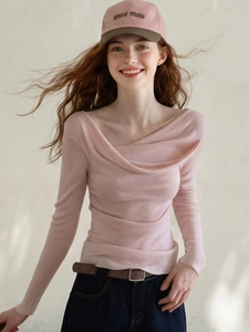 Women Elegant Pink Slim Fit Long Sleeve T-Shirt Solid Color Drape Neck Ruched Pullover Top Lightweight Soft Daily Blouse