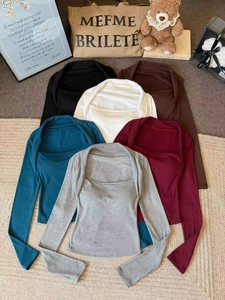 Damen Langarmshirt mit quadratischem Ausschnitt in sechs Farben wie Schwarz und Grau