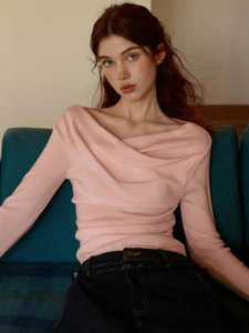 Slim fit light pink long sleeve knit top for women with elegant drape neck design
