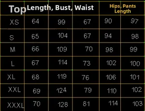 Size chart showing top length and bust measurements for casual two-piece summer outfits
