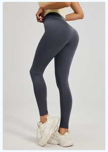 Detail view of high waist gray yoga leggings showing seamless push up texture and fit