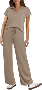 Front full view of khaki two-piece leisure set with V-neck top and drawstring pants