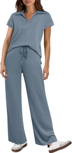 Detail of grey-blue knit loungewear set showing soft fabric texture and polo collar