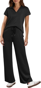 Detail of black two-piece lounge set featuring a polo collar top and drawstring wide-leg pants