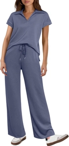Detail of grey-blue knit loungewear set with polo collar top and drawstring wide-leg pants