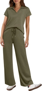 Close-up of olive green knit texture on V-neck polo top and drawstring waist detail