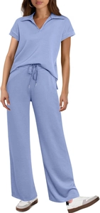 Detail of light purple-blue two-piece knit set featuring polo shirt and wide-leg pants