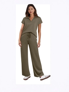Casual two-piece set for women featuring short sleeve polo top and wide leg pants in olive green