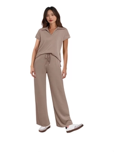 Women's casual knit two-piece set featuring short sleeve polo top and drawstring wide leg pants