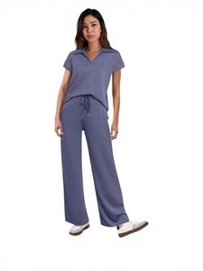 Women's summer two-piece leisure set with polo collar top and wide-leg drawstring pants