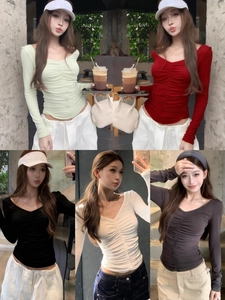 Women Sexy Ruched Long Sleeve V-Neck T-Shirt Slim Fit Viscose Brushed Elastic Base Layer Solid Color Hot Girl Top
