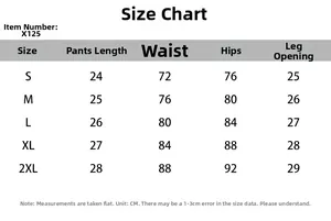 Tabella taglie dettagliata per pantaloncini a righe a vita bassa con misure dalla S alla 2XL