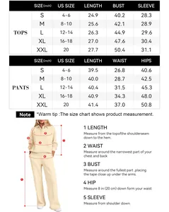 Detailed size chart for women's long sleeve top and pants set with measuring guide