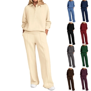 Overview of women's long sleeve polo sweatshirt and wide-leg pants set in multiple colors
