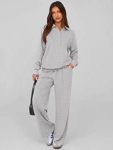 Detail of the gray knit texture and polo collar on this long sleeve two-piece lounge set