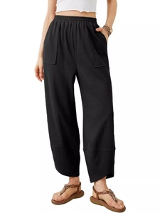 Damen-Hose mit weitem Bein in Schwarz mit hoher Taille, Taschen und Gummizug