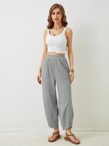 Damen Sommer Weite Hose mit hoher Taille, großen Taschen und Seitenschlitz-Saum