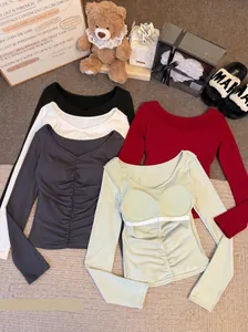Slim fit long sleeve t-shirt with ruched design and built-in bra pads for women