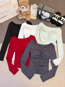 Slim fit ruched long sleeve T-shirt set in five colors with scoop neck and elastic fabric