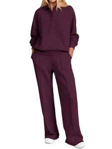 Detail of plum purple long sleeve polo sweatshirt and wide-leg jogger set with seam lines