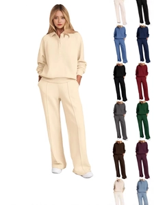 Women's Casual Polyester Top And Wide Leg Pants Long Sleeve Polo Neck Sweatshirt Solid Color Loungewear Outfit