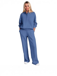 Women's casual two-piece lounge set with long-sleeve polo top and wide-leg knit pants