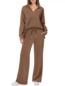 Brown knit two-piece set featuring V-neck polo top and high-waist drawstring wide-leg pants
