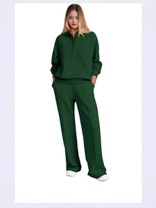 Women's dark green long sleeve polo top and wide leg pants casual two-piece outfit