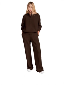 Women's 2-piece lounge set with long sleeve polo top and wide leg pants in chocolate brown