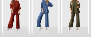 Detailansicht des Freizeit-Sets in Rostrot, Schieferblau und Olivgrün für Damen