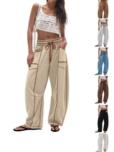 Women Loose Wide Leg Cargo Pants High Waist Drawstring Contrast Stitching Pockets Casual Streetwear Trousers